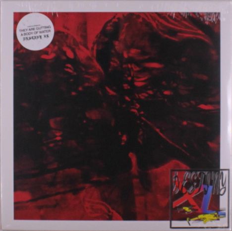 Weiße Sprechblase links oben: "THEY ARE GUTTING A BODY OF WATER". Dunkles, abstraktes Muster in Rot und Schwarz. Unten rechts ein farbiges Logo.