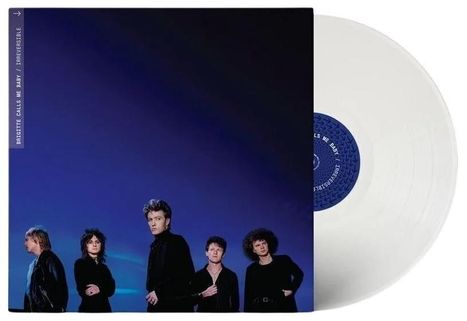 Text: "BRIGITTE CALLS ME BABY / IRREVERSIBLE". Fünf Personen in schwarzer Kleidung vor blauem Hintergrund, weiße Vinyl-Schallplatte.