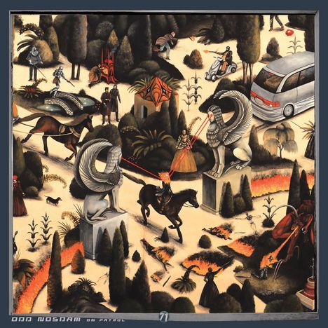 Illustration mit skurriler Landschaft, Personen, Tieren, Sphinxen mit Laseraugen, einem Feuer und einem Van auf einem Weg.
