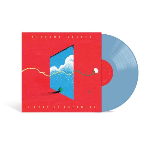 "ALABAMA SHAKES", "I MUST BE DREAMING". Illustration: Blauer Himmel in roter Umgebung, mit Blume und Wolken.