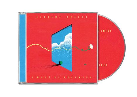 CD-Cover mit rotem Hintergrund und Text "ALABAMA SHAKES", "I MUST BE DREAMING". Illustration einer offenen Tür.