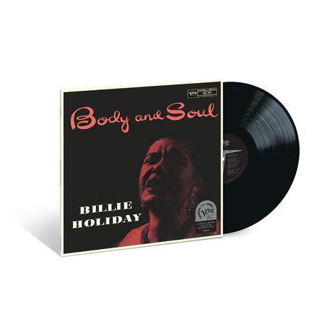 "Body and Soul" ist in roten Buchstaben geschrieben. Darunter steht "Billie Holiday". Ein Schwarz-Weiß-Foto zeigt eine singende Frau.