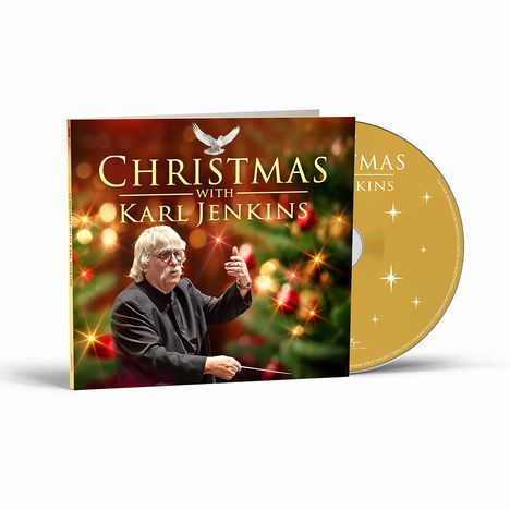 "CHRISTMAS WITH KARL JENKINS" steht groß auf einem festlich dekorierten CD-Cover mit einem Mann, der dirigiert.