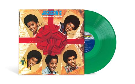"JACKSON 5 CHRISTMAS ALBUM" in blauer und weißer Schrift. Vier junge afroamerikanische Jungen mit roter Schleife. Grüne Vinyl-Schallplatte.