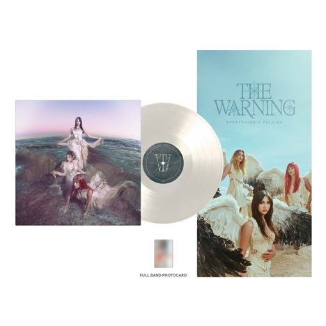 "The Warning Everything's Falling" steht auf einem Cover. Eine Vinyl-Schallplatte, drei Frauen in Engelskleidern und "Full Band Photocard".