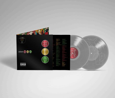 Auf schwarzem Hintergrund steht "blink-182". Darunter sind drei farbige Symbole. Zwei Vinyl-Schallplatten sind zu sehen.