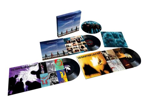 Texte: "U2 Days of Asher EP", "U2 Carnival de U2", "U2 Easter Lily EP". Eine Box mit Schallplatten und bunten Covern.