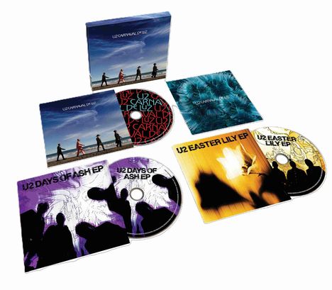 CD-Cover mit den Titeln: "U2 Carnaval de Luz", "U2 Days of Ash EP", "U2 Easter Lily EP". Sie zeigen künstlerische Designs.