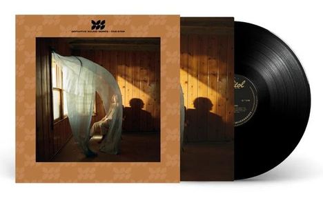 "Oberfläche: Definitive Sound Series. Eine Frau sitzt am Fenster, eingehüllt in transparenten Vorhang, Holzvertäfelung."