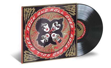 „Rock and Roll Over“ in einem roten Kreis. Illustration von vier stilisierten Gesichtern. Schallplatte daneben.