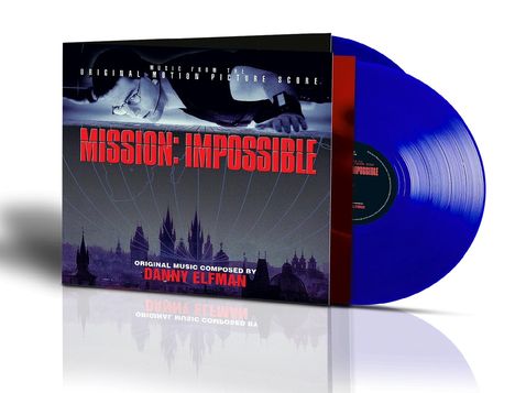 "MISSION: IMPOSSIBLE" in rotem Text, darunter "Original Music Composed by Danny Elfman" vor einer Stadtsilhouette.