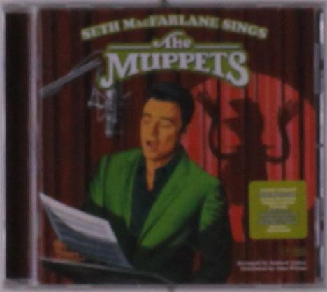 „Seth MacFarlane Sings The Muppets“. Illustration eines Mannes in grüner Jacke, singend vor einem Mikrofon.
