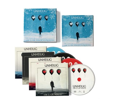 "UNHEILIG. LIEBE GLAUBE MONSTER WINTER EDITION" auf blauem Cover. Mehrere CDs und Cover mit ähnlichem Motiv.