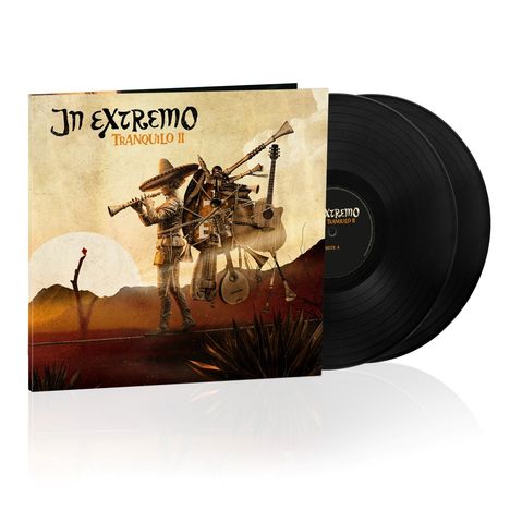 "In Extremo Tranquilo II" auf einem Albumcover. Eine Illustration zeigt einen Mann mit Musikinstrumenten in Wüstenlandschaft.