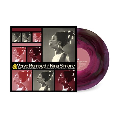 "Verve Remixed // Nina Simone" steht oben. Darunter Fotos einer Frau im Profil, schwarz-weiß und rötlich, auf Schallplatten-Cover.