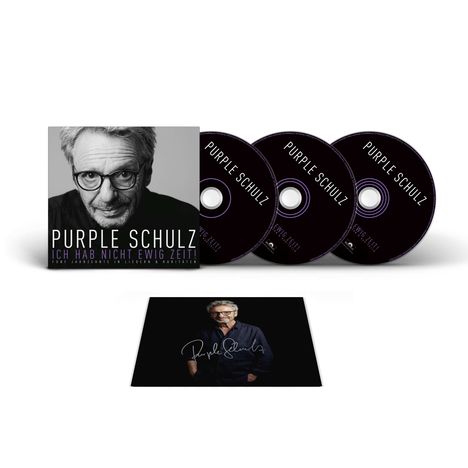 "Purple Schulz", "Ich hab nicht ewig Zeit", vier CDs, ein Foto des Künstlers mit lächelndem Gesicht und verschränkten Armen.