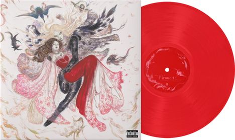 Text: "Pirouette" auf rotem Vinyl. Illustration: Zwei Figuren, umgeben von Vögeln und abstrakten Mustern.