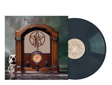 Text: "RUSH Greatest Hits 1974-1987", "The Spirit of Radio". Ein altes Radio, ein Dalmatiner und eine Schallplatte.