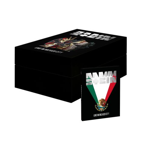 "Live in Mexico City", schwarze Box mit buntem Emblem und Karte in mexikanischen Farben, Adlerwappen.