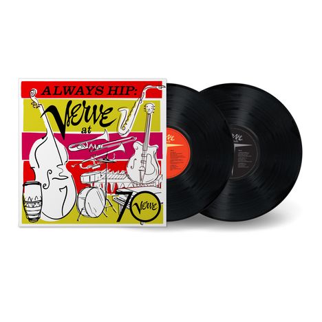 "A ALWAYS HIP: Verve at 70," Illustration mit Musikinstrumenten und zwei Schallplatten.