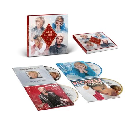 "Weihnachten hoch vier" in rotem Diamant auf der Box. Enthält Porträts von vier Personen, CDs sichtbar.