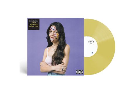 Limitierte Edition, SOUR "ego crush" gelbes Vinyl. Porträt einer Frau mit bunten Aufklebern im Gesicht, gelbe Schallplatte.