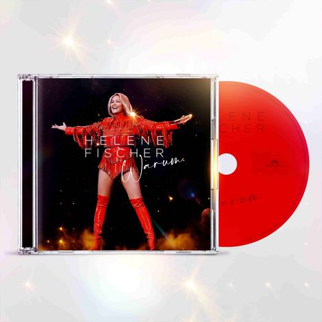 Texte: "HELENE FISCHER Warum." Eine Frau in rotem Glitzer-Outfit mit ausgebreiteten Armen.