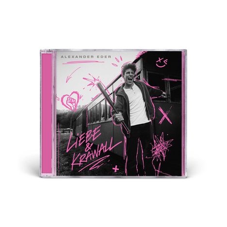 Text: "Liebe & Krawall" und "Alexander Eder" auf CD-Hülle. Schwarz-weißes Cover mit Mann und Baseballschläger. Pinke Graffiti-Elemente.
