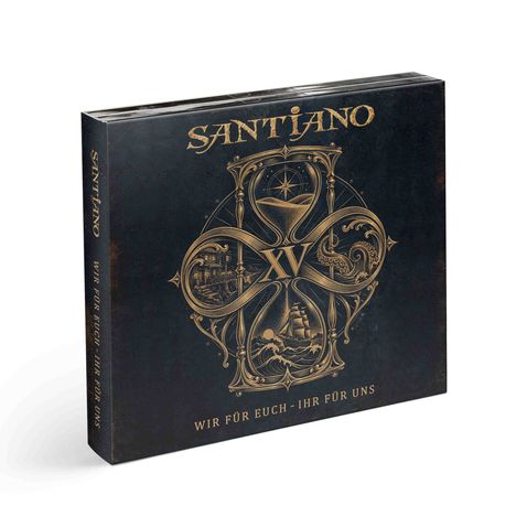 "SANTIANO" und "WIR FÜR EUCH - IHR FÜR UNS" auf dunklem Hintergrund mit nautischen goldenen Verzierungen.