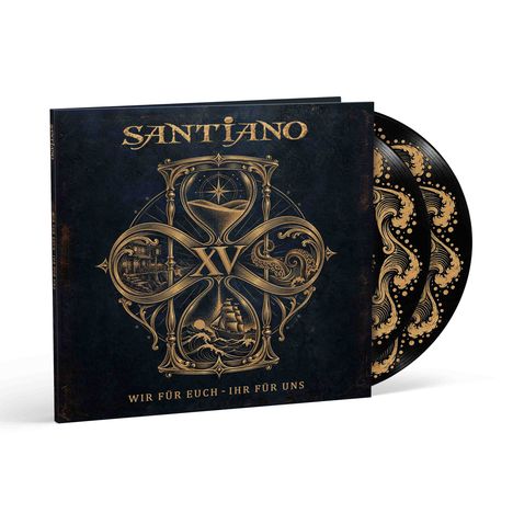 "SANTIANO", "XV", "WIR FÜR EUCH - IHR FÜR UNS". Dunkelblaue Abdeckung mit goldenen nautischen Symbolen.