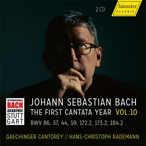 Text: "JOHANN SEBASTIAN BACH, THE FIRST CANTATA YEAR, VOL. 10, 2 CD". Gelbes Logo: "hänssler CLASSIC".  
Porträt eines nachdenklichen Mannes.