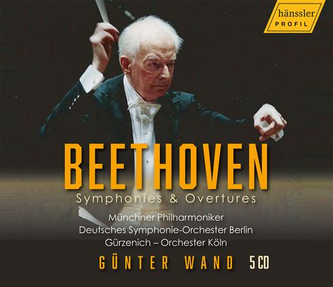 "BEETHOVEN Symphonies & Overtures" mit Günter Wand, Orchesterlisten darunter. Ein Dirigent in Aktion, gelbes Logo oben.