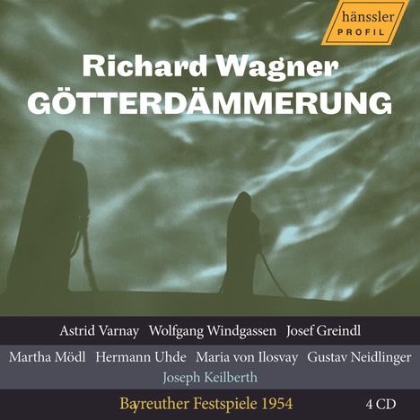 "Richard Wagner: Götterdämmerung" in großen Buchstaben, dazu ein grüner Hintergrund mit Silhouetten von zwei Personen.