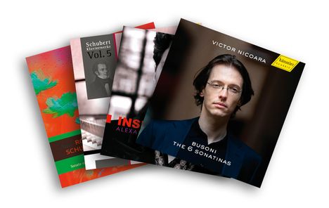 Vier CD-Cover mit Texten: "Victor Nicoara: Busoni The 6 Sonatinas", "INSOLEX", "Schubert Klavierwerke Vol. 5".