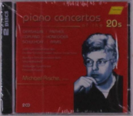 "piano concertos of the 20s" und der Name "Michael Rische" auf einem roten Cover mit schwarz-weißer Illustration eines Mannes.