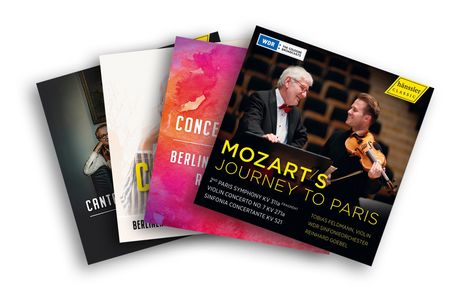 "Mozart's Journey to Paris" zeigt zwei Musiker mit Violinen. Farbenfrohe Albumcover, teils mit abstrakten Mustern.