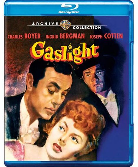 "Gaslight" ist der Titel, darüber befinden sich die Namen Charles Boyer, Ingrid Bergman, Joseph Cotten. Illustration von drei Personen.