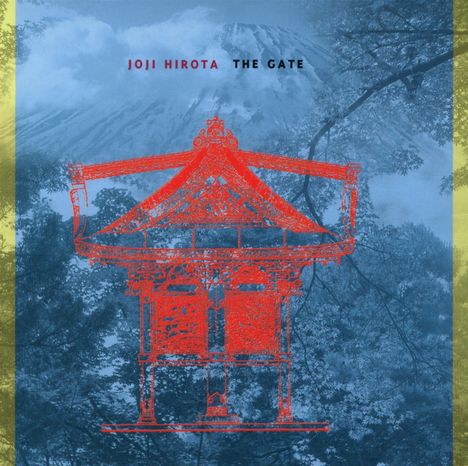 JOJI HIROTA THE GATE. Illustration eines roten Tempels vor einem Berg und Bäumen.