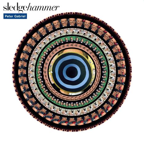 „sledgehammer“ und „Peter Gabriel“ stehen oben links. Ein Mandala aus konzentrischen, bunten Kreisen mit Gesichtern.