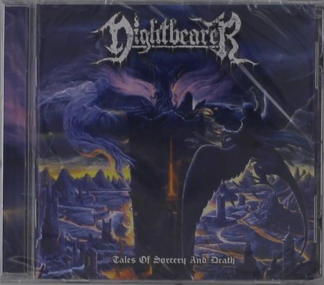 Logo mit Text "Nightbearer". Darunter "Tales Of Sorcery And Death". Dunkle, mystische Illustration mit Figuren.