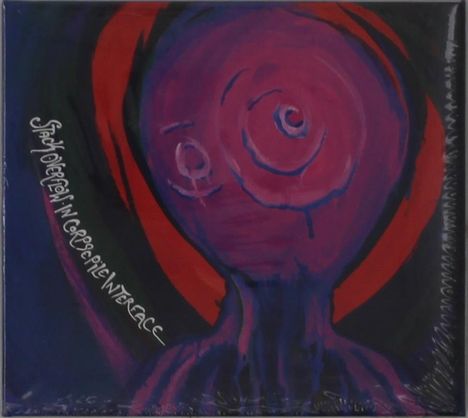 Text: "Stay forever in corporeal interface." Illustration eines stilisierten Gesichts mit spiralförmigen Augen in Rot- und Violetttönen.
