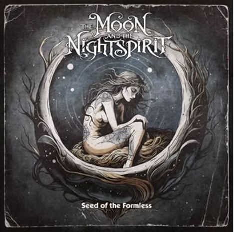 "The Moon and the Nightspirit" oben, "Seed of the Formless" unten. Illustration einer sitzenden Frau in einem Kreis aus Ästen.