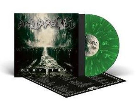 Texte: "PERPETUAL". Grüne Vinyl-Schallplatte neben einem düsteren Albumcover mit mystischem Pfad zwischen Bäumen.