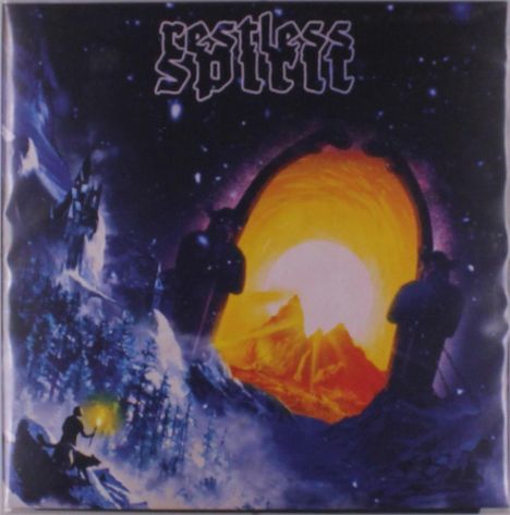 Oben steht "restless spirit". Eine leuchtend orange-gelbe Höhle, umgeben von Winterlandschaft und zwei Figuren.