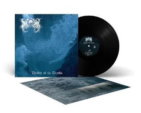 Text: "Throne of the Depths." Dunkelblaues Albumcover mit Vinyl und Booklet. Logo stilisiert und kaum lesbar.