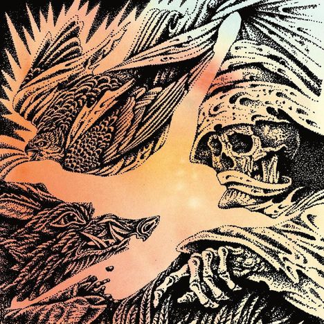 Diese Illustration zeigt einen Totenschädel in einem Umhang und Vögel, mit kontrastierendem schwarzem Punktmuster auf orangefarbenem Hintergrund.