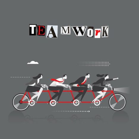 Text "TEAMWORK" in gestreuten Buchstaben. Illustration: Vier Personen auf einem roten Tandem unter grauem Himmel.