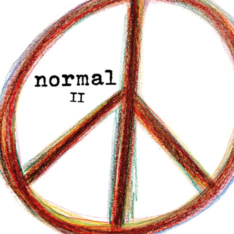 Text: "normal II". Buntes Friedenszeichen in handgezeichneter, farbenfroher Kreideoptik.