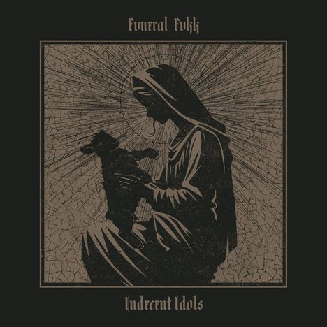 "Funeral Fukk", "Indecent Idols". Silhouette einer Frau mit Kind vor strahlenförmigem Hintergrund, durchbrochenes Muster.