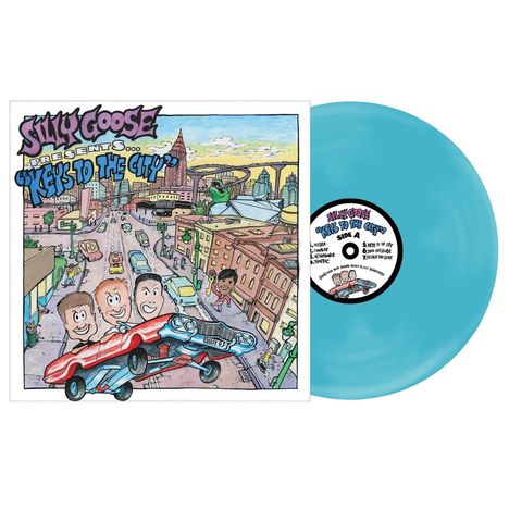 Illustration eines Albums, "SILLY GOOSE PRESENTS... KEYS TO THE CITY?". Drei fröhliche Figuren in einem aufgebockten Auto.